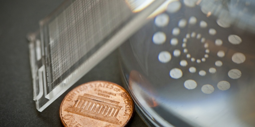 nanowell plate next to a penny for scale